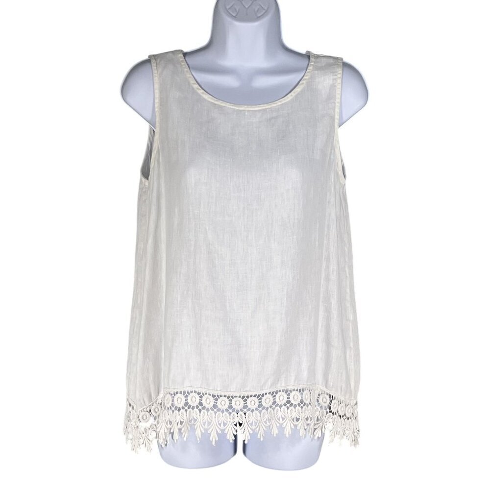 Terzo Millennio Womens S White Linen Tank Top Crochet Hem Italy Made Clean Girl